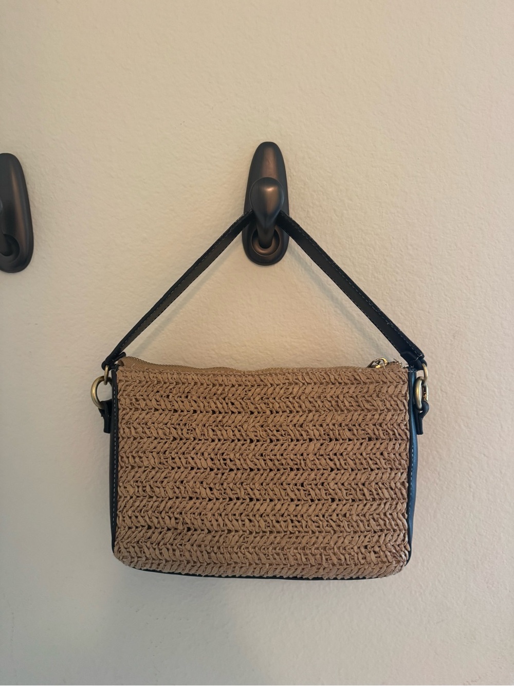 Woven Straw Crossbody Bag with Black Trim